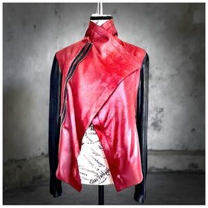 SW3 Asymmetric Draped Leather Jacket | Red & Black | Size Small